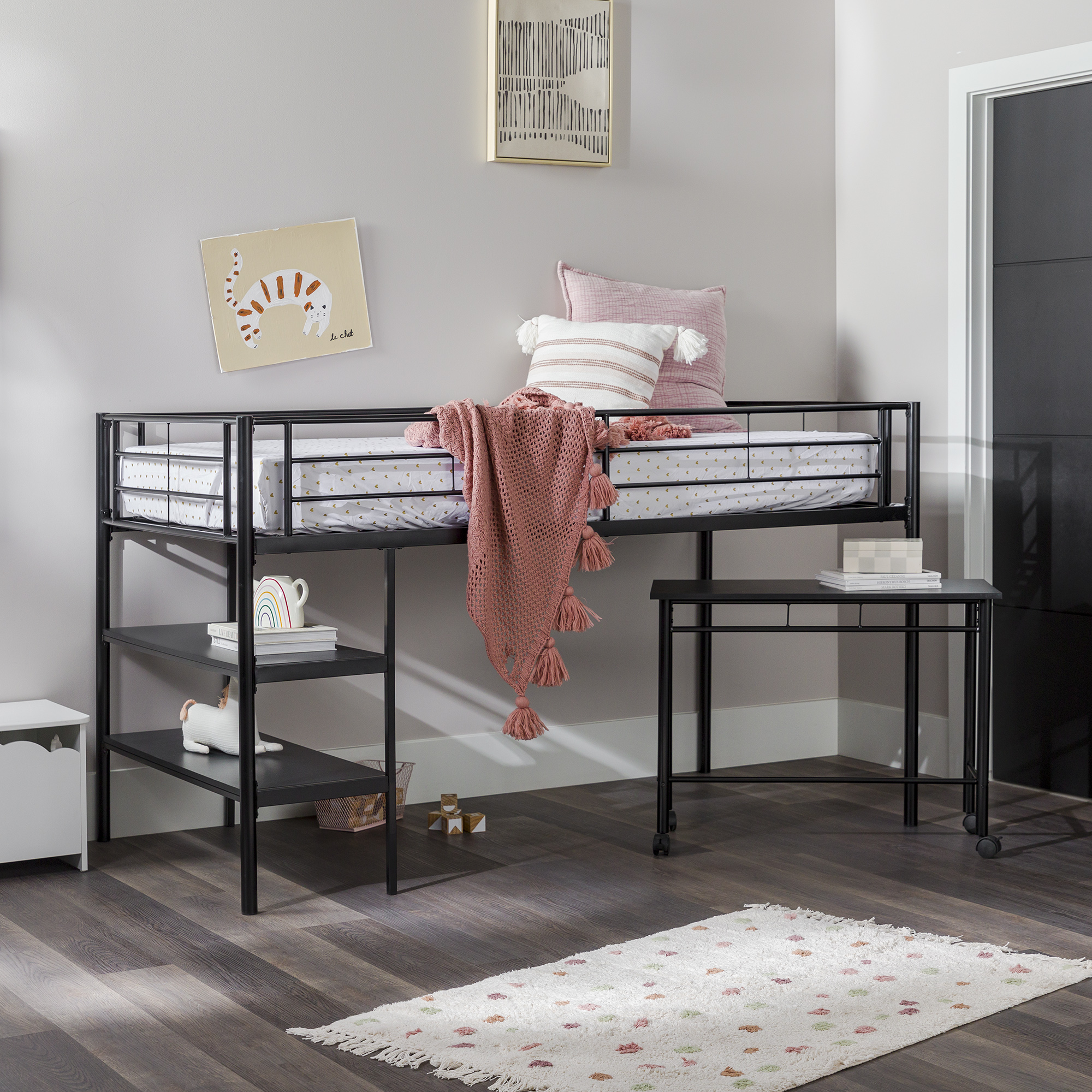 Walker Edison Twin Metal Loft Bed with Desk and Shelving, Black - image 1 of 19