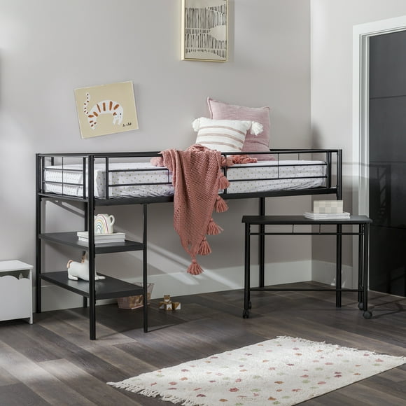 Walker Edison Twin Metal Loft Bed with Desk and Shelving, Black