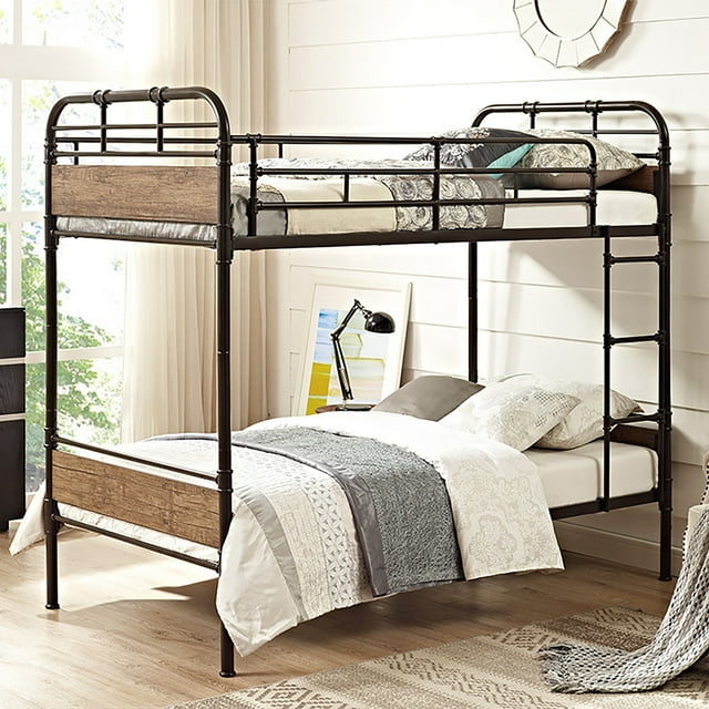 Walker Edison Twin Over Twin Metal Piping Bunk Bed, Black