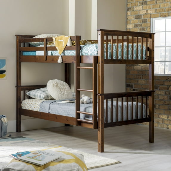 Walker Edison Twin Over Twin Solid Wood Mission Design Bunk Bed, Walnut