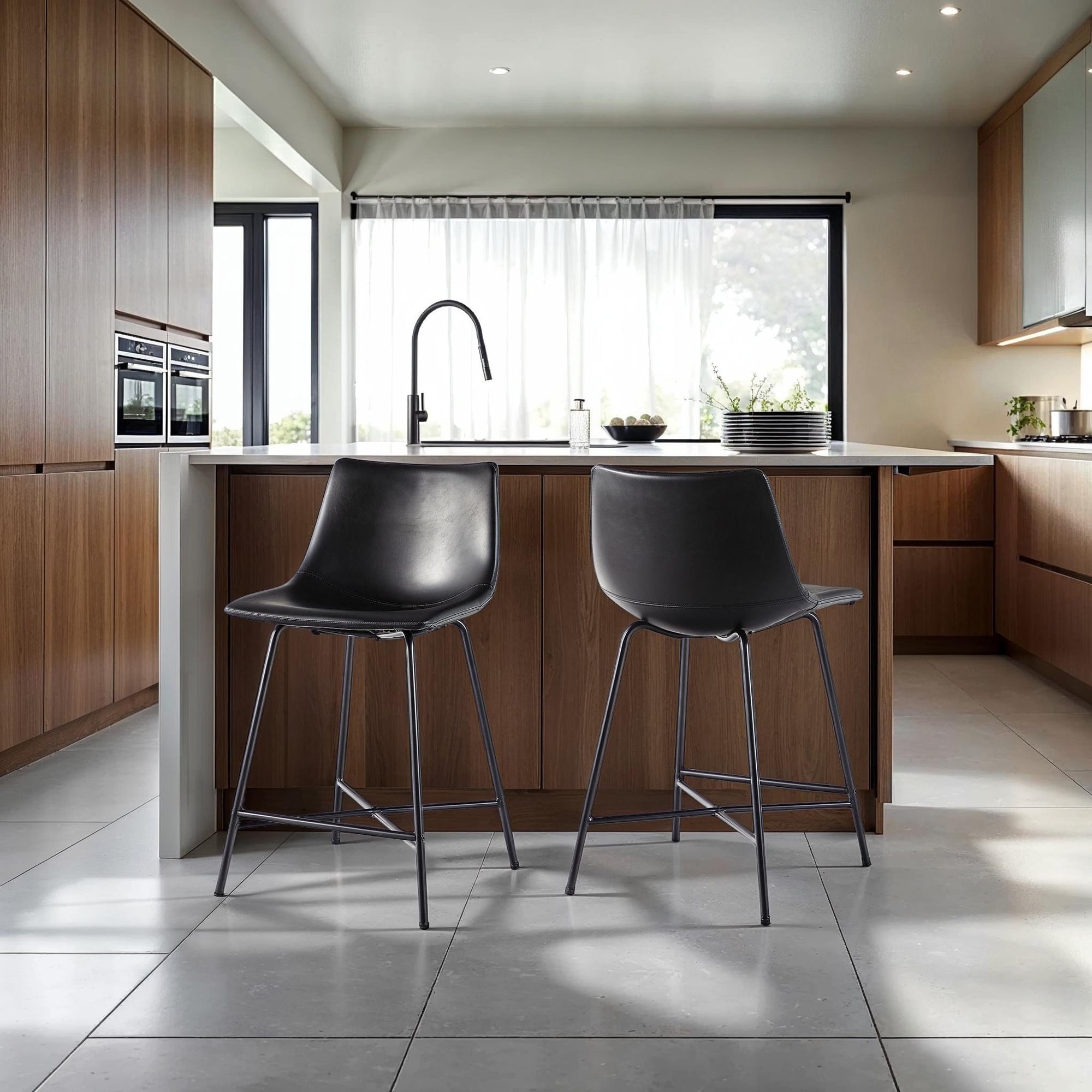 Black Faux Leather Adjustable Counter Stools with Metal Frame, Set of 2