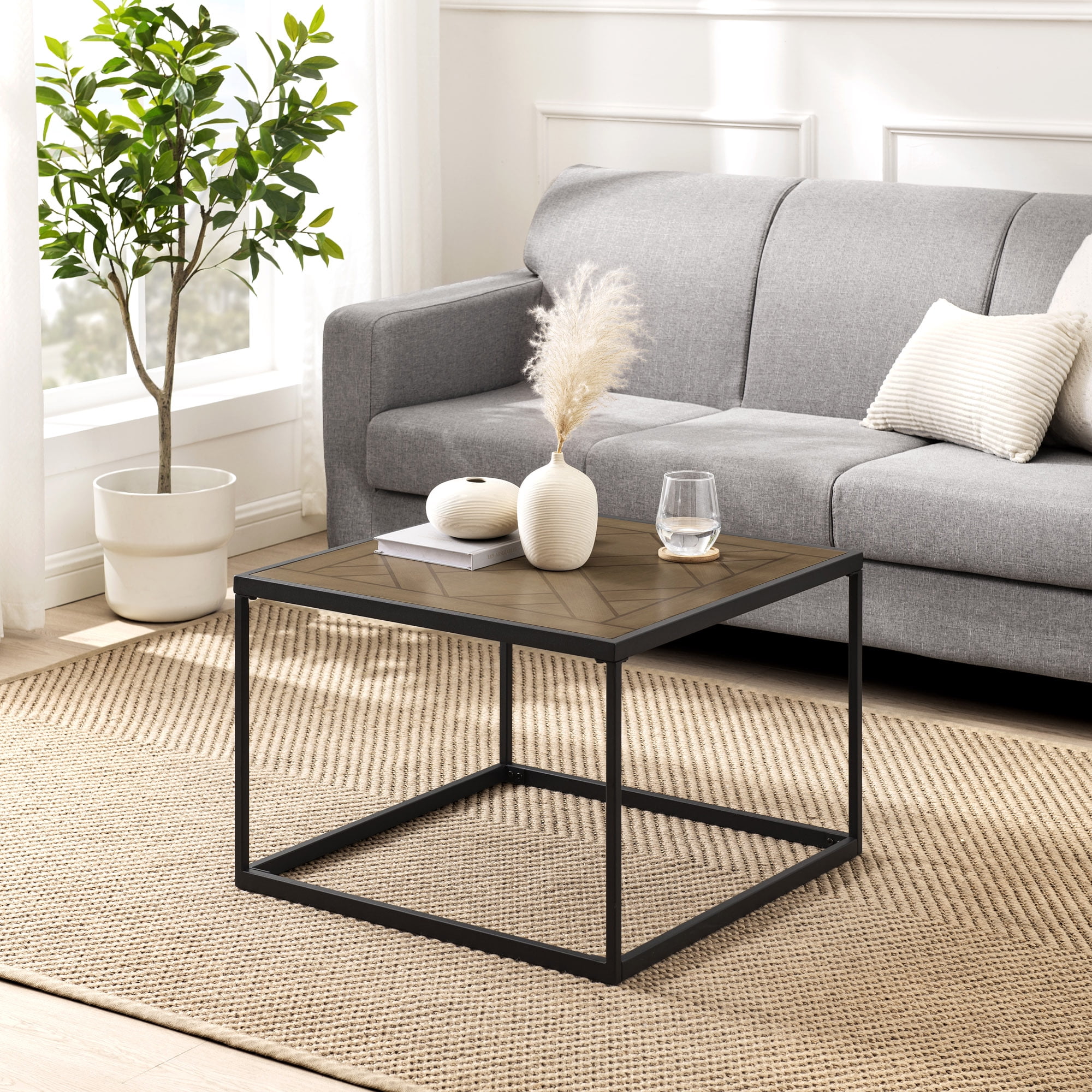 Walker Edison Urban 25" Parquet-Top Metal Square Coffee Table, Parquet ...