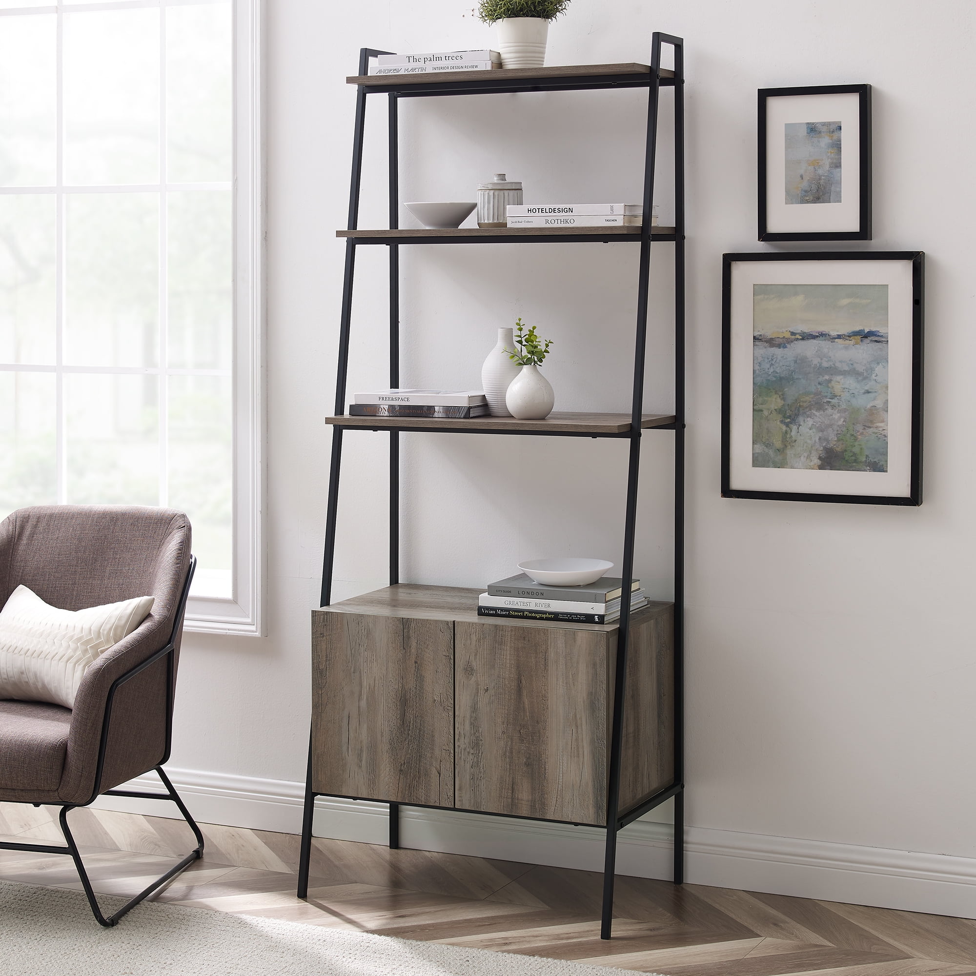 Grey Wash Urban Industrial Ladder Bookcase with Storage Cabinet
