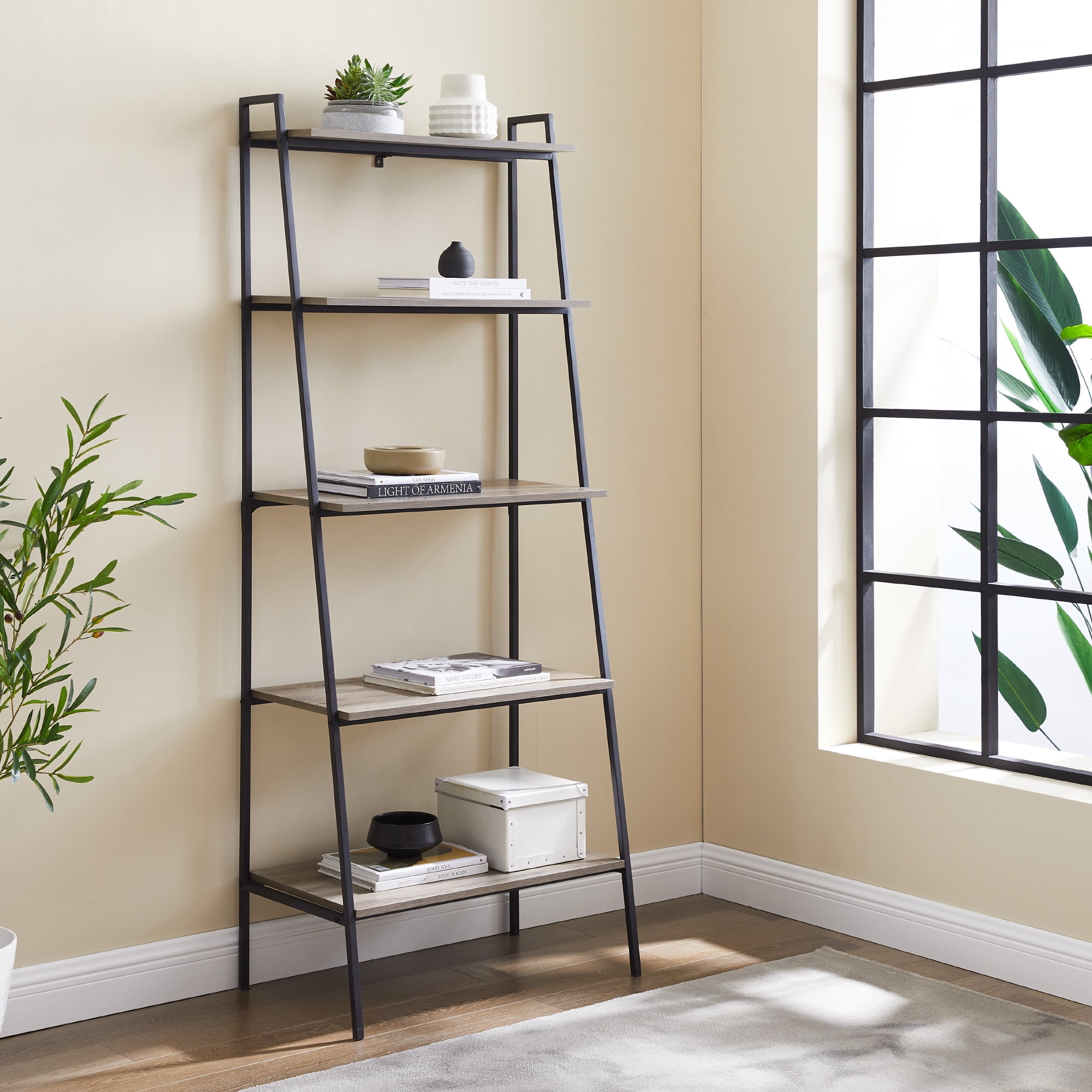 Walker Edison Urban Industrial 5-Shelf Ladder Bookcase, Grey Wash