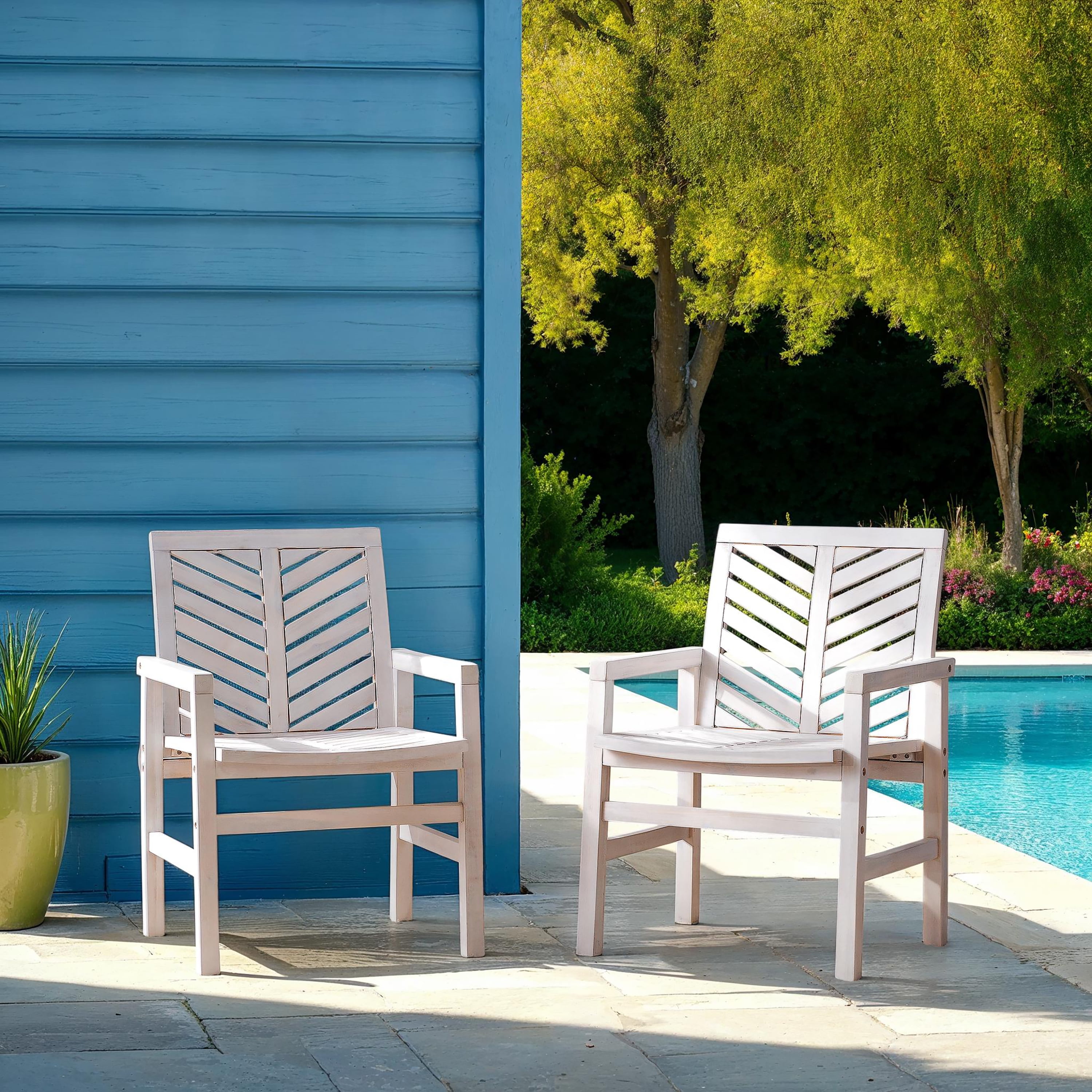 Walker Edison Vincent Modern Solid Acacia Wood Armchair with Foam Cushion, White Wash (Set of 2)