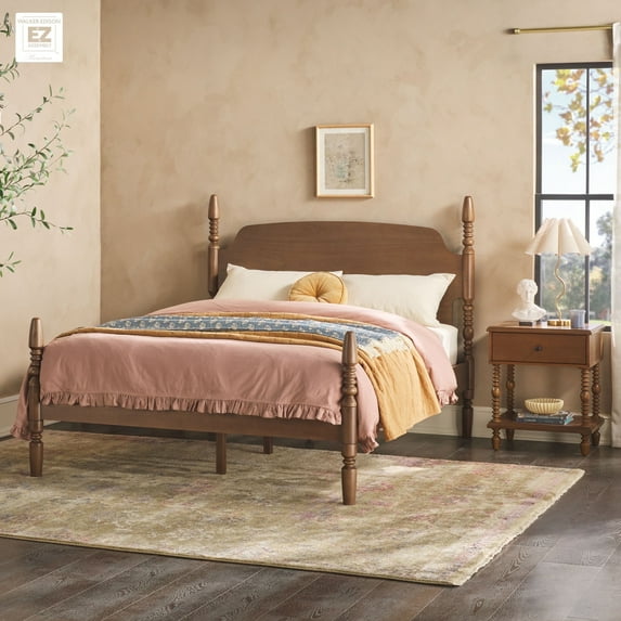 Walker Edison Vivienne Easy Assembly 2-Piece Solid Wood Bedroom Set with Queen Bed Frame and 1-Drawer Nightstand - Dark Brown