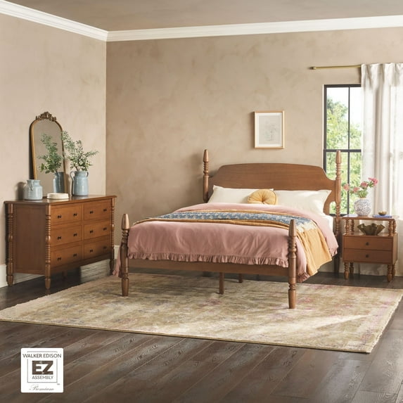 Walker Edison Vivienne Easy Assembly 3-Piece Solid Wood Bedroom Set with Queen Bed Frame, 2-Drawer Nightstand, and 6-Drawer Dresser - Dark Brown