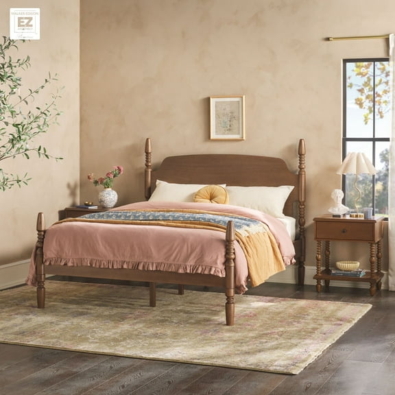 Walker Edison Vivienne Easy Assembly 3-Piece Solid Wood Bedroom Set with Queen Bed Frame and Two 1-Drawer Nightstands - Dark Brown