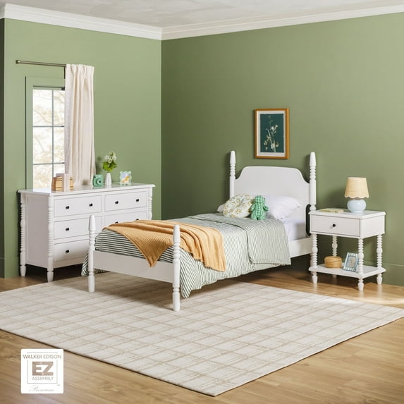 Walker Edison Vivienne Easy Assembly 3-Piece Solid Wood Bedroom Set with Twin Bed Frame, 1-Drawer Nightstand, and 6-Drawer Dresser - White