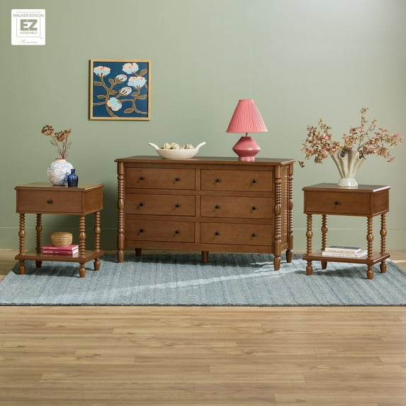 Walker Edison Vivienne Easy Assembly 3-Piece Solid Wood Bedroom Set with Two 1-Drawer Nightstands and 6-Drawer Dresser - Dark Brown