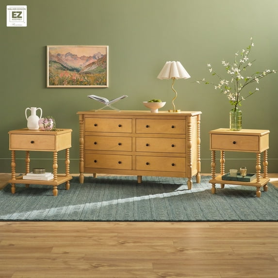 Walker Edison Vivienne Easy Assembly 3-Piece Solid Wood Bedroom Set with Two 1-Drawer Nightstands and 6-Drawer Dresser - Natural