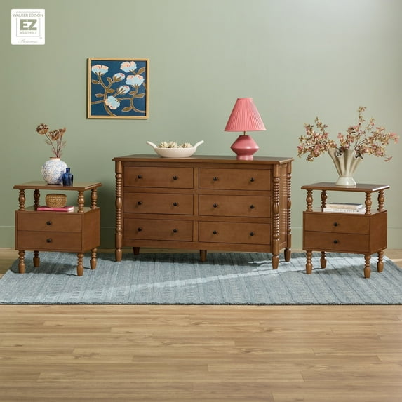 Walker Edison Vivienne Easy Assembly 3-Piece Solid Wood Bedroom Set with Two 2-Drawer Nightstands and 6-Drawer Dresser - Dark Brown