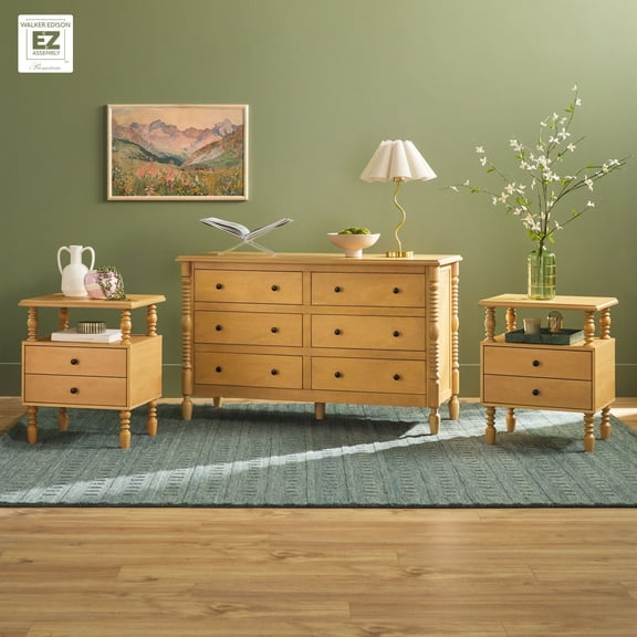 Walker Edison Vivienne Easy Assembly 3-Piece Solid Wood Bedroom Set with Two 2-Drawer Nightstands and 6-Drawer Dresser - Natural