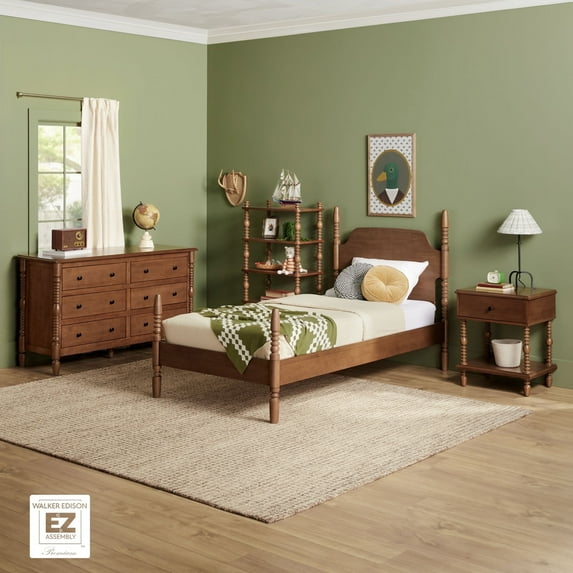 Walker Edison Vivienne Easy Assembly 4-Piece Solid Wood Bedroom Set with Twin Bed Frame, 1-Drawer Nightstand, 6-Drawer Dresser, and Short Bookshelf - Dark Brown