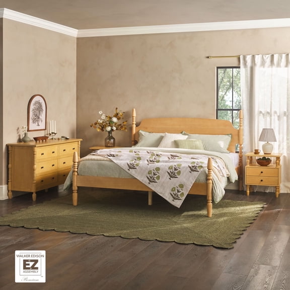 Walker Edison Vivienne Easy Assembly 4-Piece Solid Wood Bedroom Set with King Bed Frame, Two 2-Drawer Nightstands and 6-Drawer Dresser - Natural