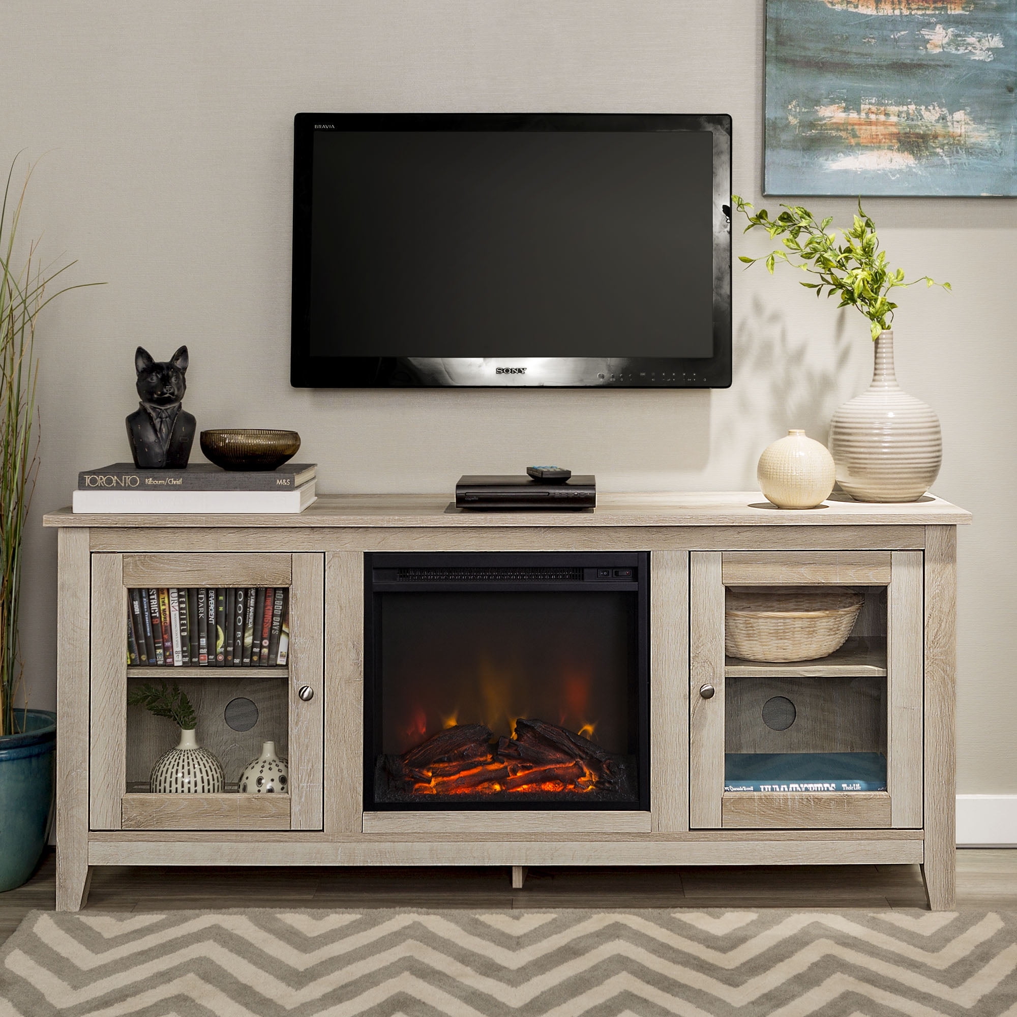Walker Edison White Oak Fireplace TV Stand for TVs up to 60"