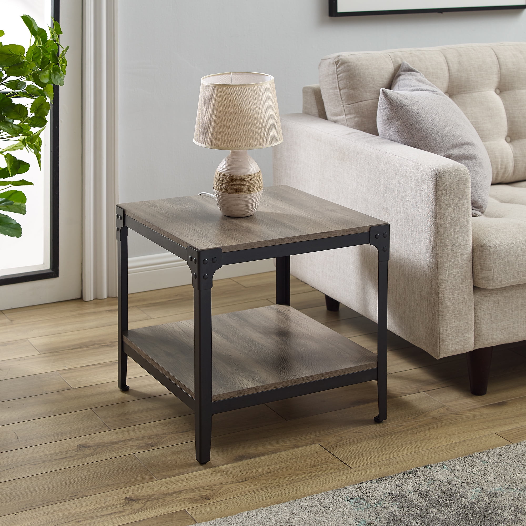 Walker Edison Wilson Riveted End Tables Grey Wash Set of 2