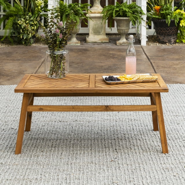 Walker Edison Wood Outdoor Coffee Table with Chevron Design, Brown