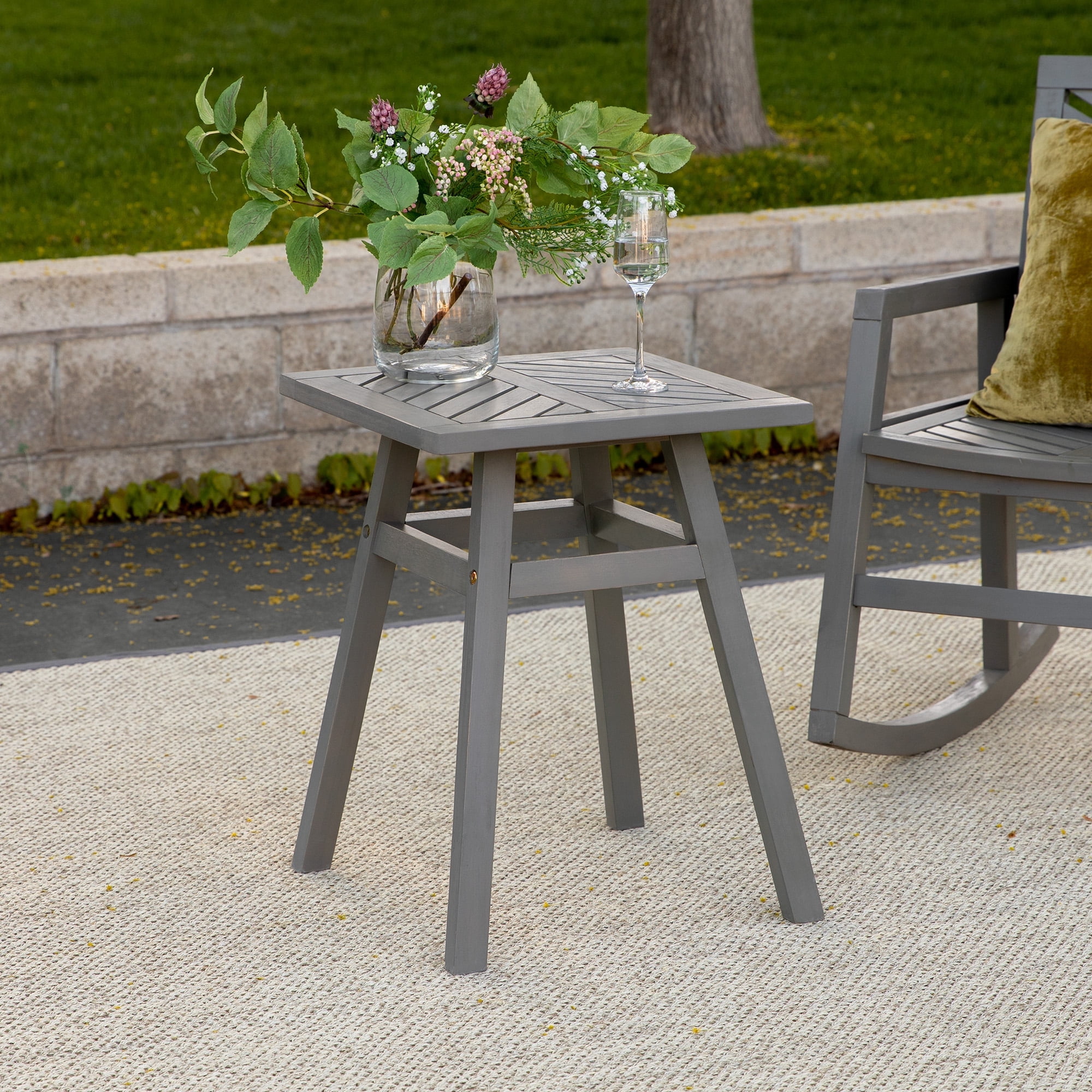 Walker Edison Wood Outdoor Patio End Table with Chevron Design, Grey Wash