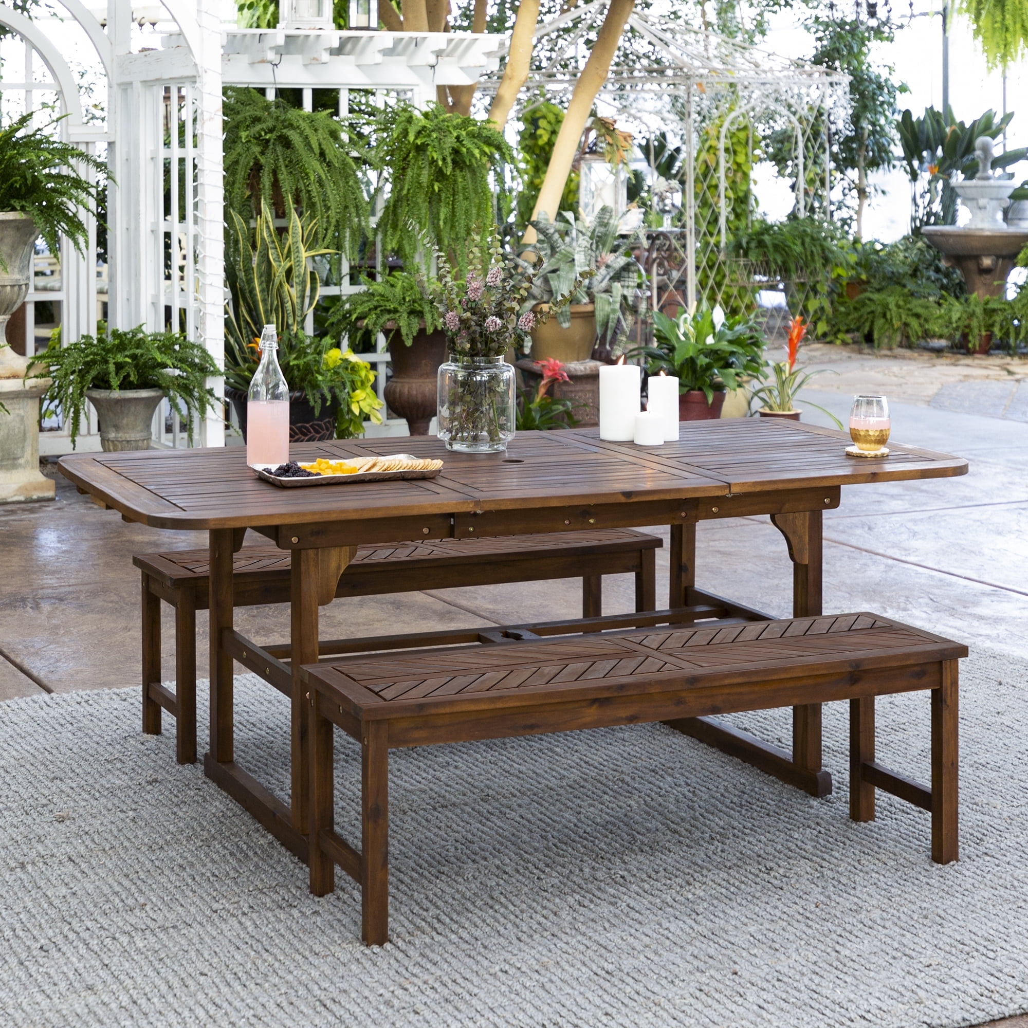 Walker Edison Modern 3-Piece, Slat-Top Extendable Acacia Wood Outdoor Dining Set - Dark Brown