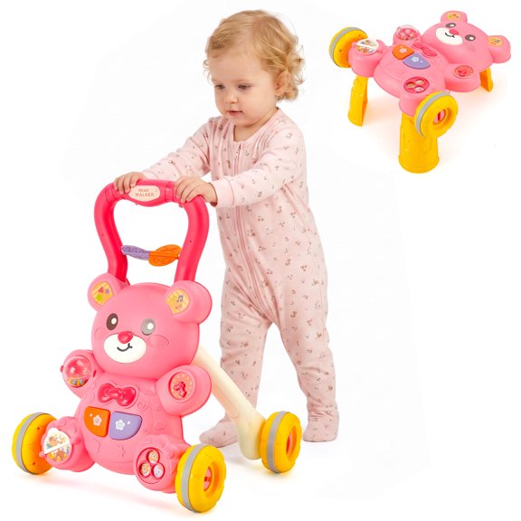 2 in 1 Baby Walker and Activity Center for Kids, Learning to Walk, Sit to Stand, Early Educational Push Toys with Music Panel for Infant Toddler 12-18 Months Pink