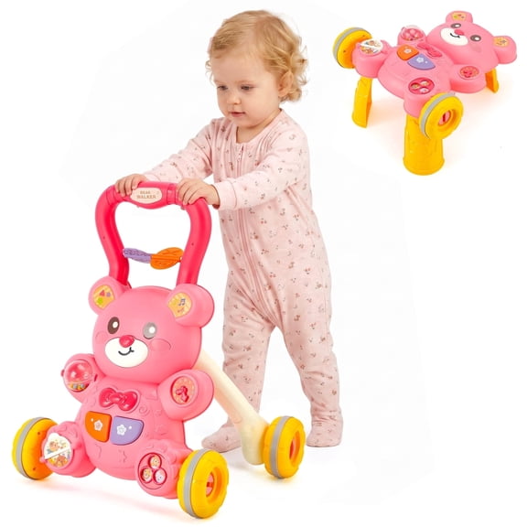 2 in 1 Baby Walker and Activity Center for Kids, Learning to Walk, Sit to Stand, Early Educational Push Toys with Music Panel for Infant Toddler 12-18 Months Pink
