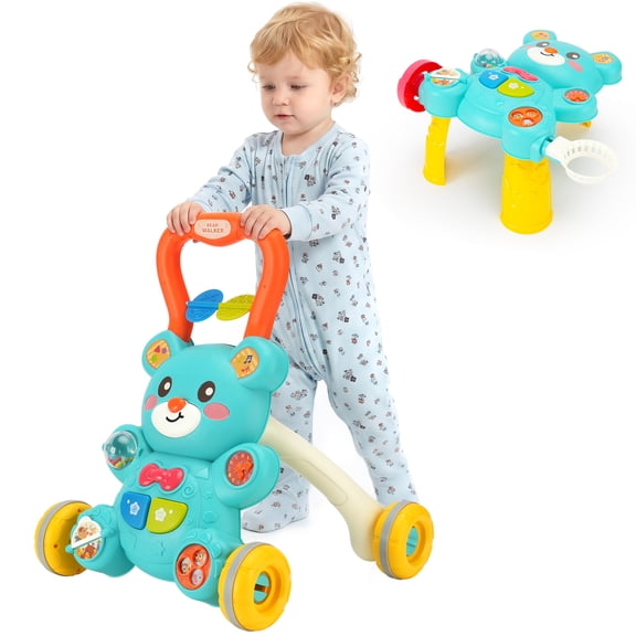 2 in 1 Baby Walker and Activity Center for Kids, Learning to Walk, Sit to Stand, Early Educational Push Toys with Music Panel for Infant Toddler 12-18 Months Blue