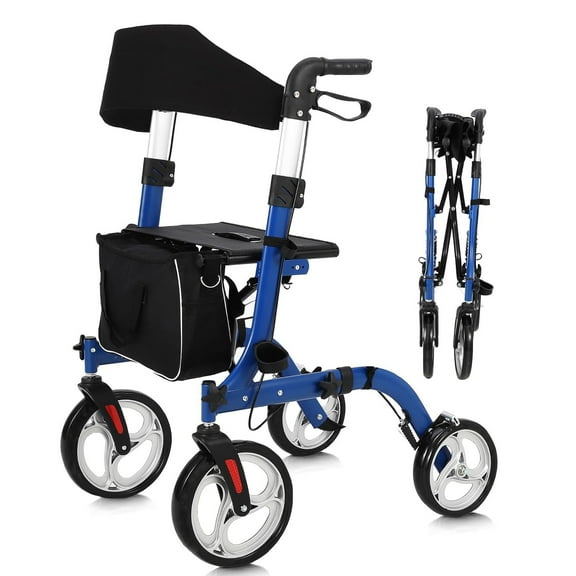 Walker for Seniors, 12" Rubber Wheels All Terrain Rollator Walker with Seat, Lightweight Aluminum Walkers with Backrest, Outdoor Foldable Rolling Walker w/ Adjustable Height for Seniors