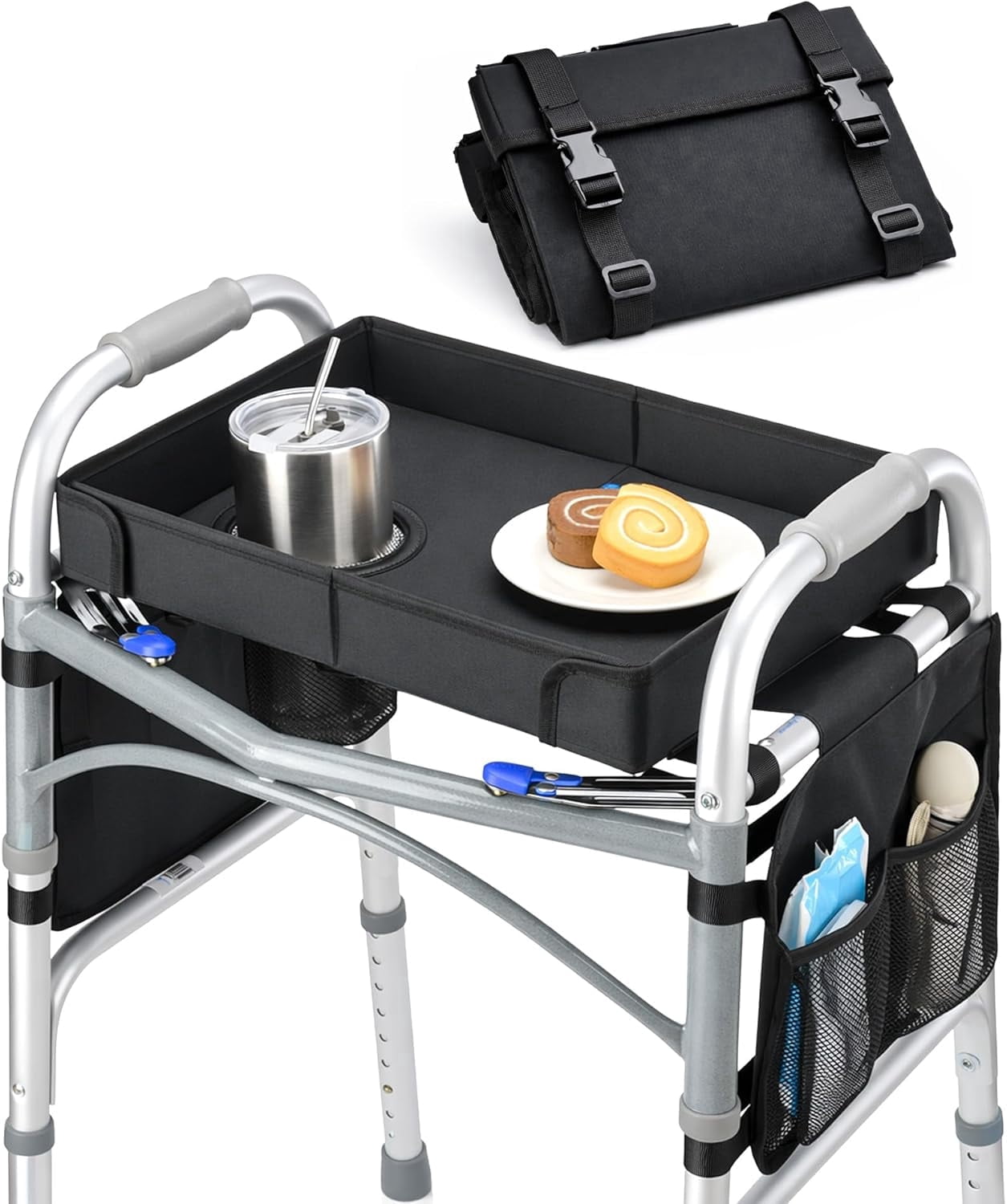 Folding Walker Tray with Cup Holder & Side Pockets, Spill-Proof Dining Tray for Rolling Walkers