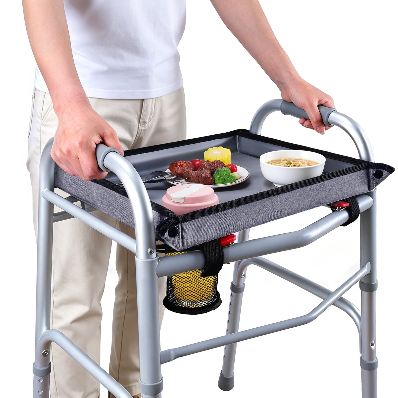 Walker Tray for Folding Walker - Trays for Walkers for Seniors with Cup Holders & Non-Slip & Multiple Front Pockets, Walkers Accessories Basket and Bag Tray for Elderly, Easy Assembly