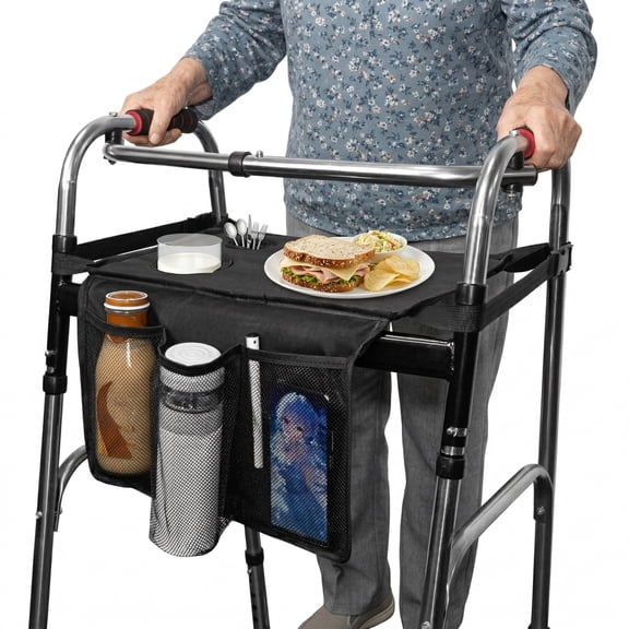 Walker Tray for Folding Walker,Walker Basket Bag,Trays for Walkers for Seniors Detachable with Cup Holder,Walker Trays for Rolling Folding Walker,Walker Accessories for Elderly (Black)