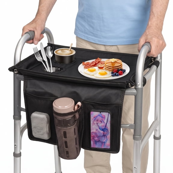 Walker Tray for Folding Walker,Walker Basket Bag,Trays for Walkers for Seniors Detachable with Cup Holder,Walker Trays for Rolling Folding Walker,Walker Accessories for Elderly WT-2 (Black)