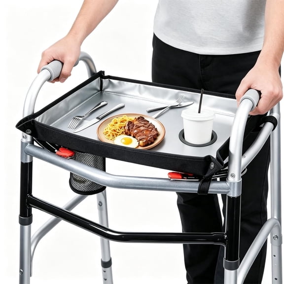 Walker Tray Table with Cup Holders, Non Slip Walker Tray for Senior, Fits Most Standard Folding Walkers, Walker Accessory for Meals, Drinks, Reading, Black