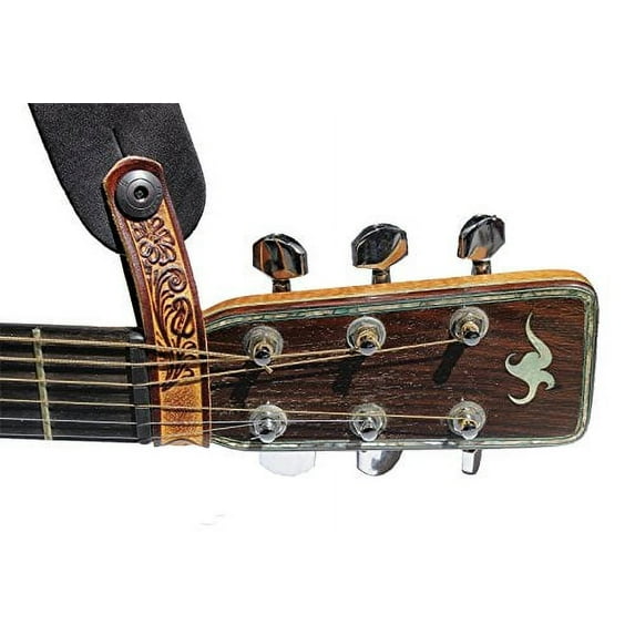 Walker & Williams AT-2 Brown Carving Leather Acoustic Guitar Strap Button Headstock Adaptor