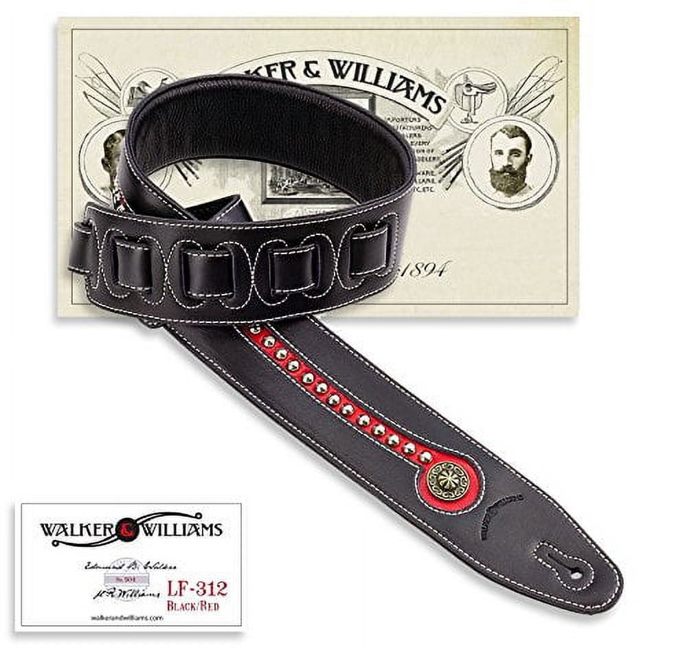 Walker & Williams Black & Red Top Grain Leather Guitar Strap with Chrome and Brass Studs