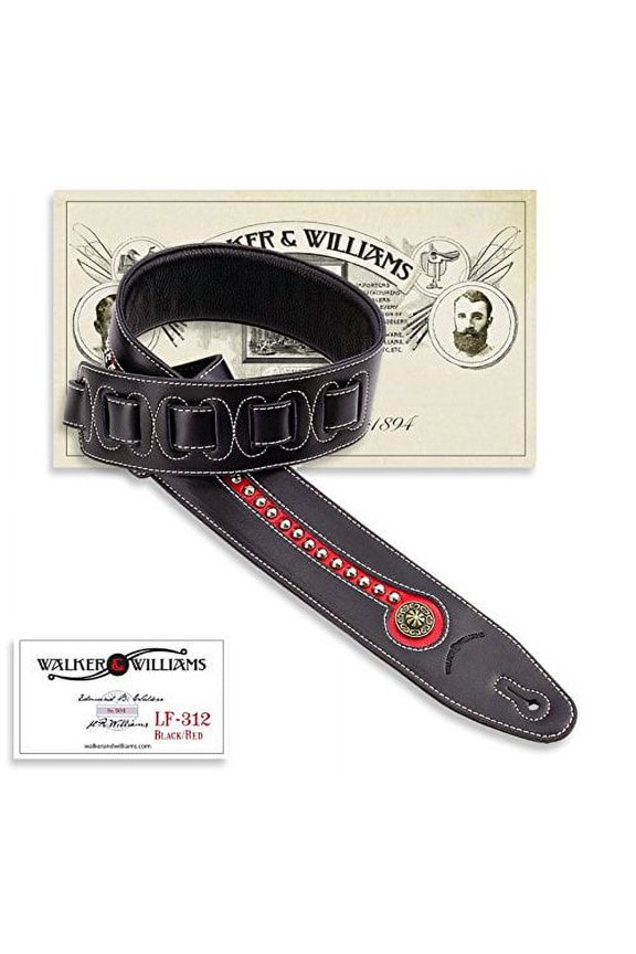 Black & Red Top Grain Leather Guitar Strap with Chrome and Brass Studs