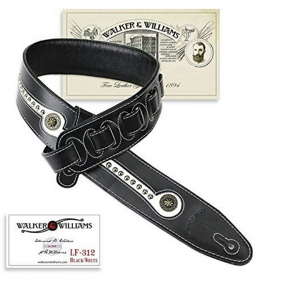 Walker & Williams Black & White Top Grain Leather Guitar Strap with Chrome and Brass Metal Studs