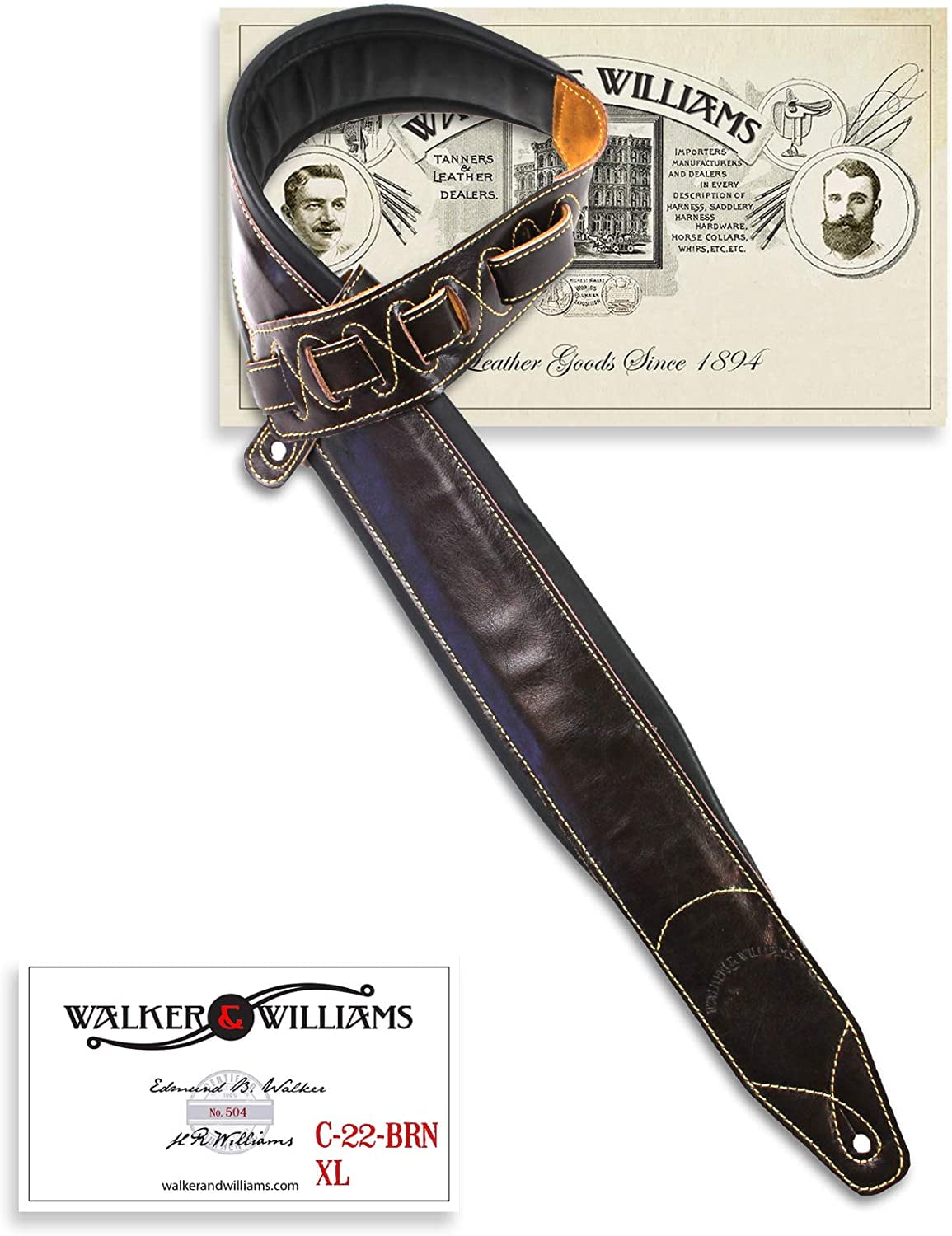 Walker & Williams C-22-BRN-XL Handmade Double Padded Premium Brown Signature Leather Guitar Strap XL For Acoustic, Electric, And Bass Guitars