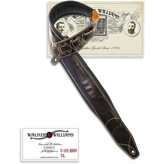 Walker & Williams C-22-BRN-XL Handmade Double Padded Premium Brown Signature Leather Guitar Strap XL For Acoustic, Electric, And Bass Guitars