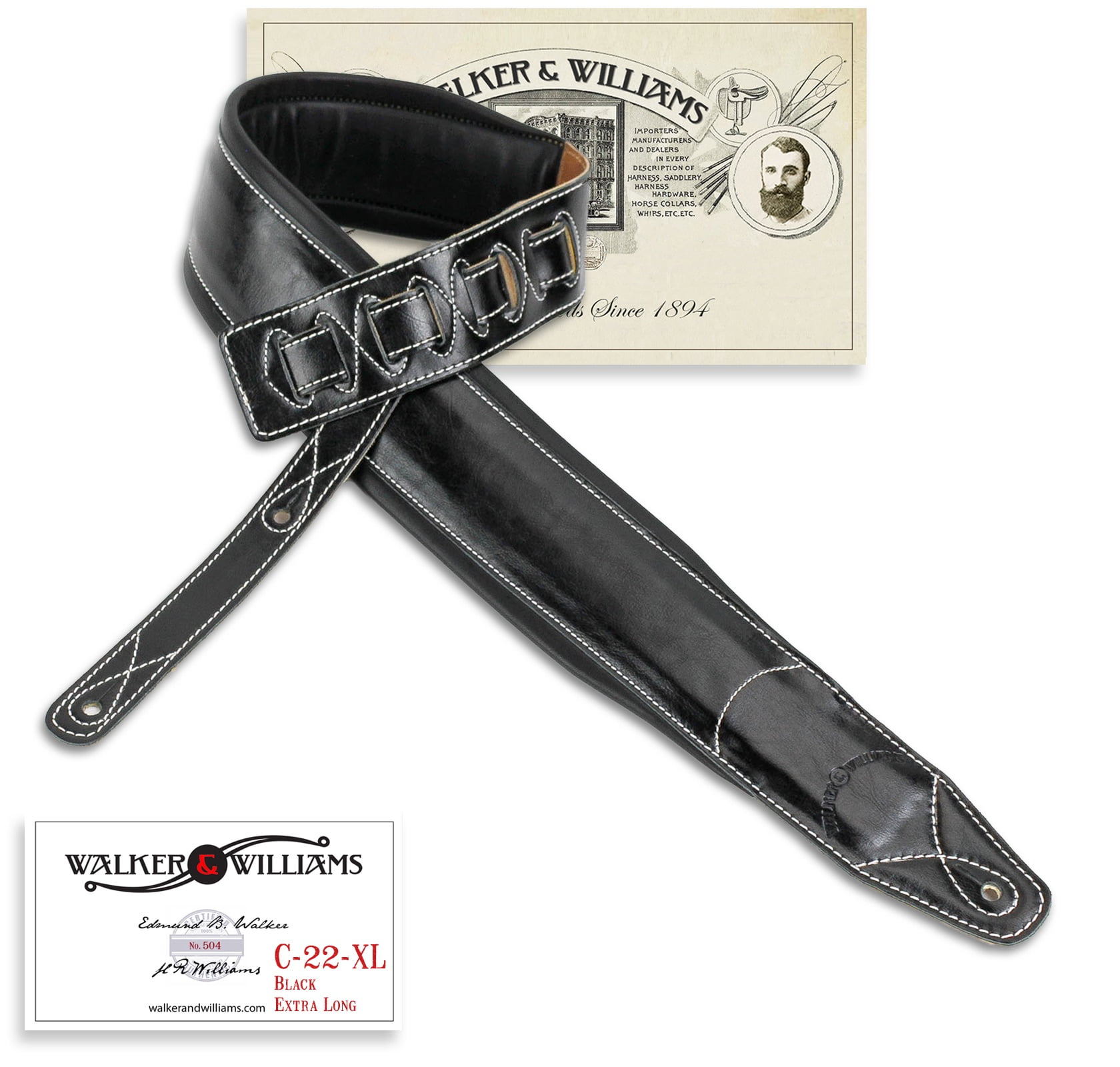 Walker & Williams C-22-XL Extra Long Double Padded Black Leather Guitar Strap up to 64"