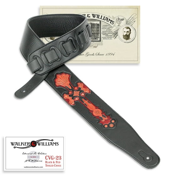 Walker & Williams CVG-23 Black & Red Leather Christian Guitar Strap Hand Tooled Cross Design