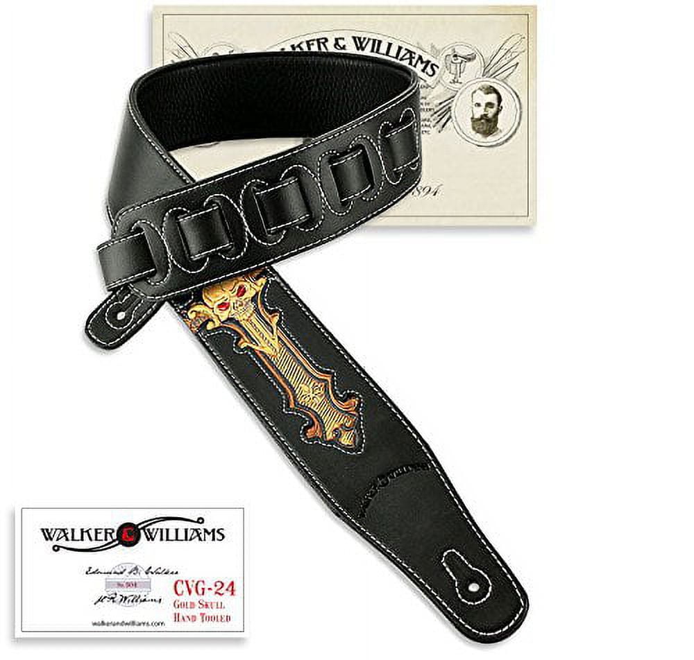 Walker & Williams CVG24 Black & Gold Guitar Strap Hand Tooled Skull