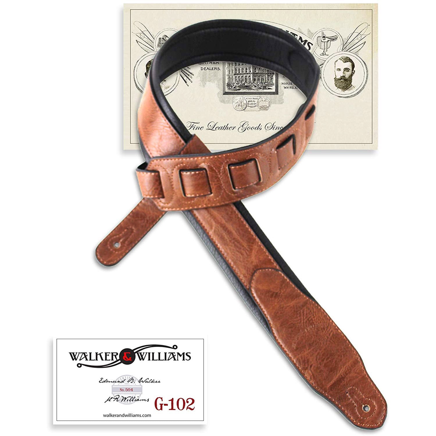 Walker & Williams G-102 Dark Harness Tan Guitar Strap with Padded Glove Leather Back