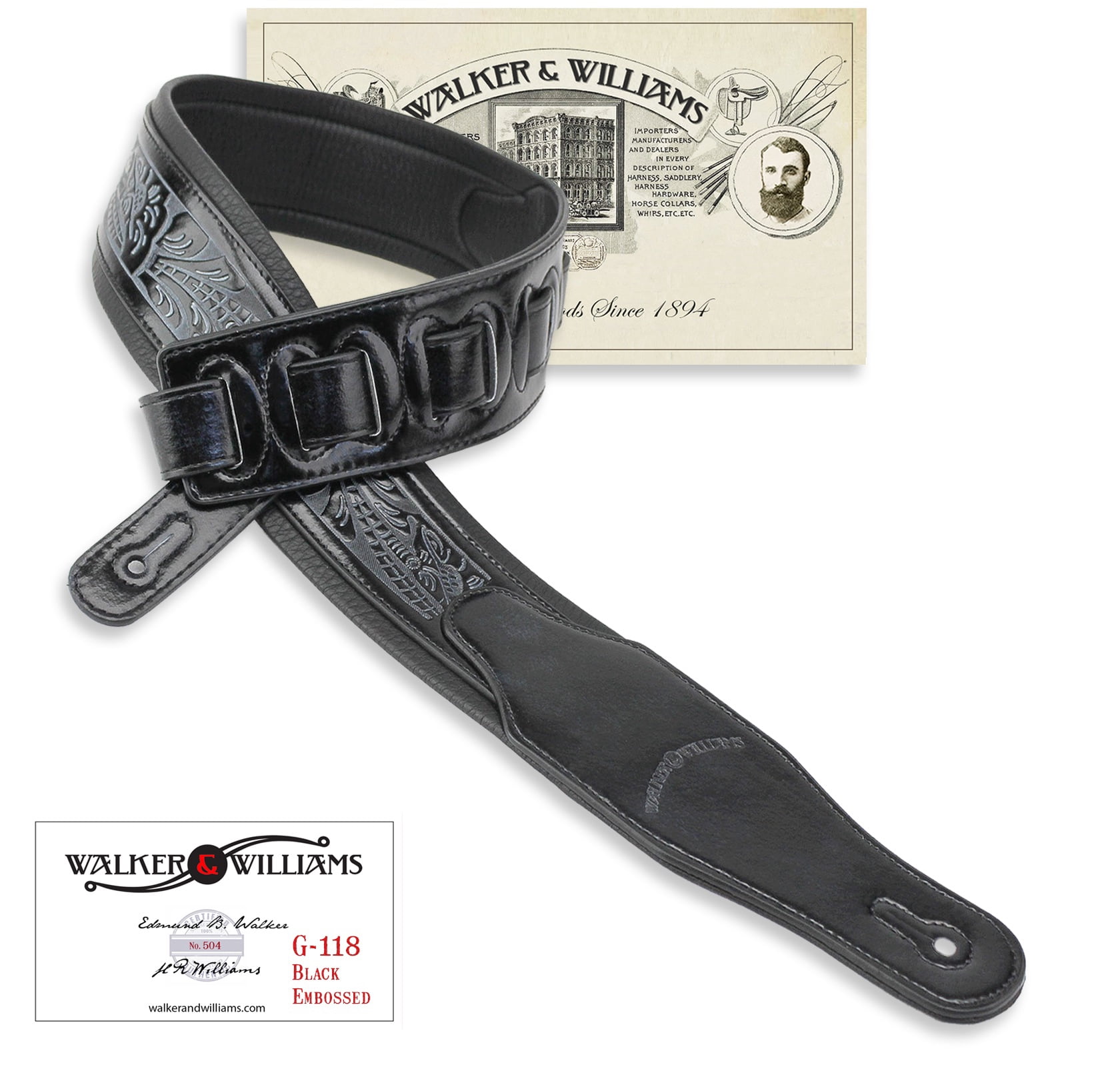 Walker & Williams G-118 Black on Black Padded Guitar Strap with Embossed Tooling & Padded Glove Leather Back