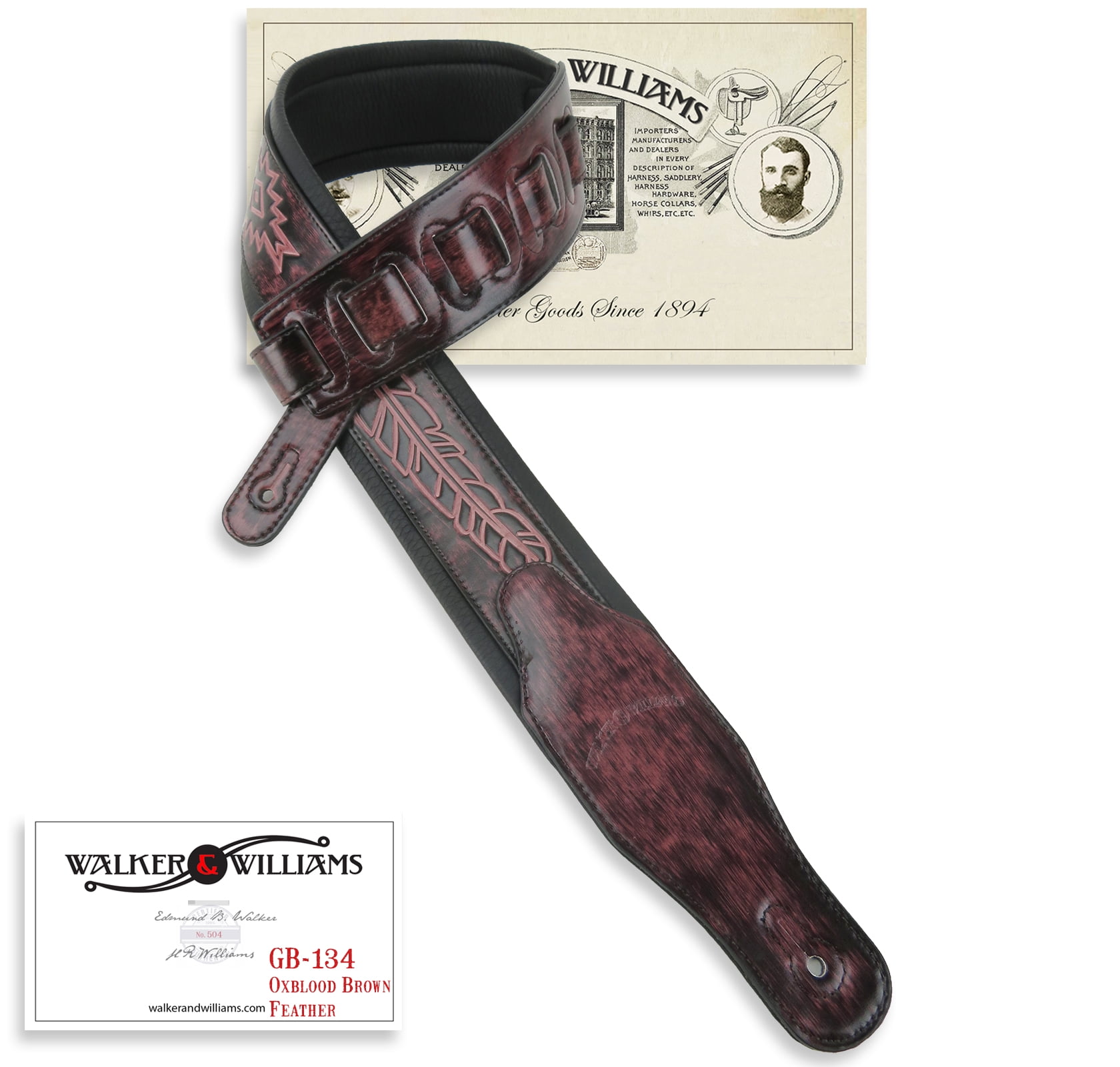 Walker & Williams GB-134 Oxblood Brown Leather Feather Design Padded Guitar Strap