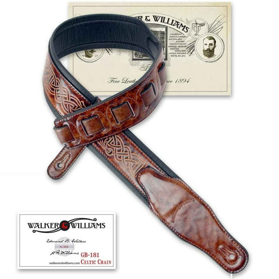 Walker & Williams GB-181 Bourbon Brown Brushed Celtic Chain Design Padded Guitar Strap