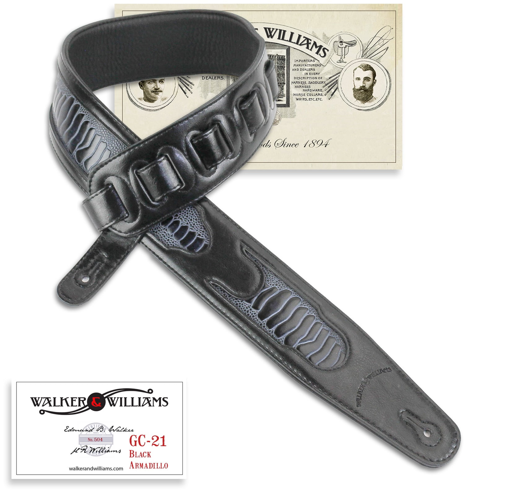 Walker & Williams GC-21 Black Leather Padded Guitar Strap with Armadillo Inserts