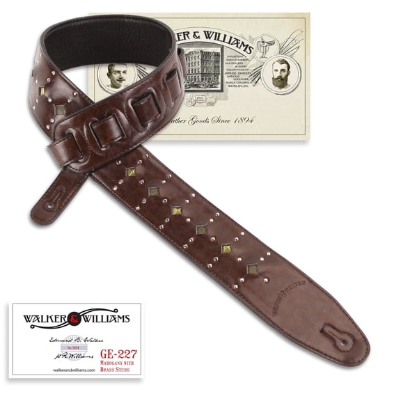 Walker & Williams GE-227 Mahogany Padded Strap Inset Brass Studs & Silver Rivets