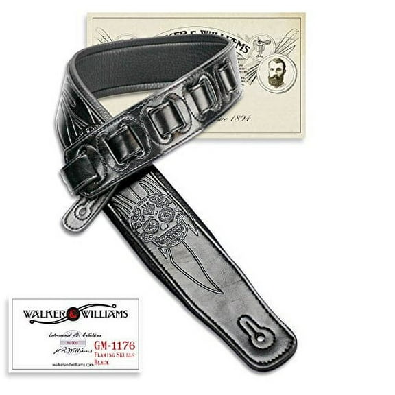 Walker & Williams GM-1176 Black on Black Padded Guitar Strap with Flaming Skulls