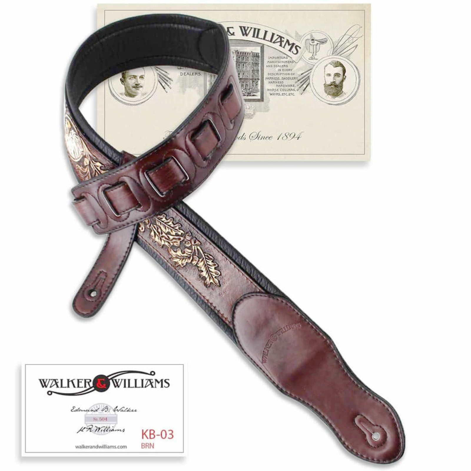 Walker & Williams KB-03-BRN Dark Walnut Brown Full Grain Center Block Carving Leather Padded Guitar Strap With American Eagle & Oak Leaves